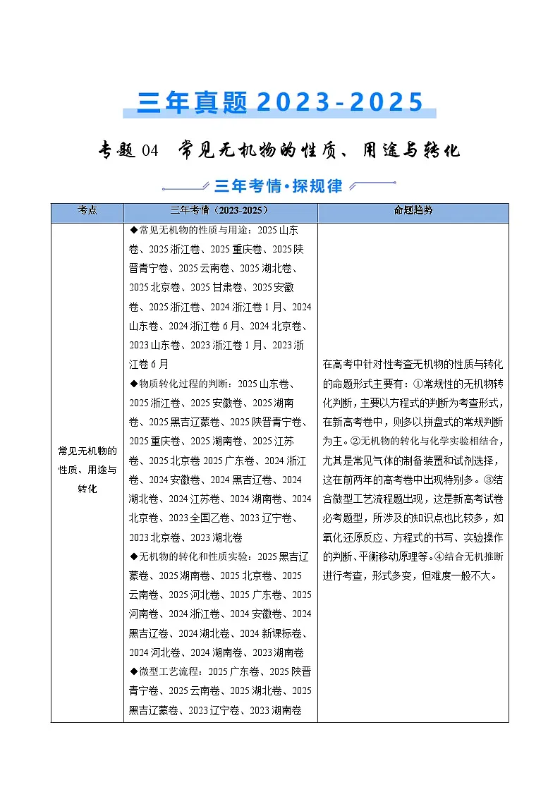 三年(2023-2025)高考化学真题分类汇编:专题04 常见无机物的性质、用途与转化(原卷版)第1页