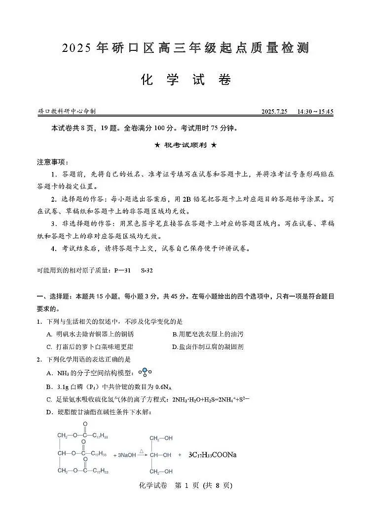 2025年硚口区高三起点质量检测化学试卷第1页