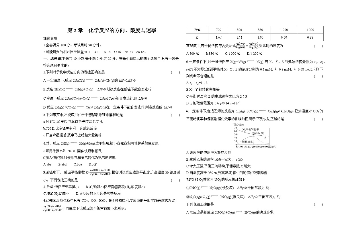 第2章 化学反应的方向、限度与速率单元测试卷(含答案解析)-鲁科版高中化学高二上册(选必一)第1页
