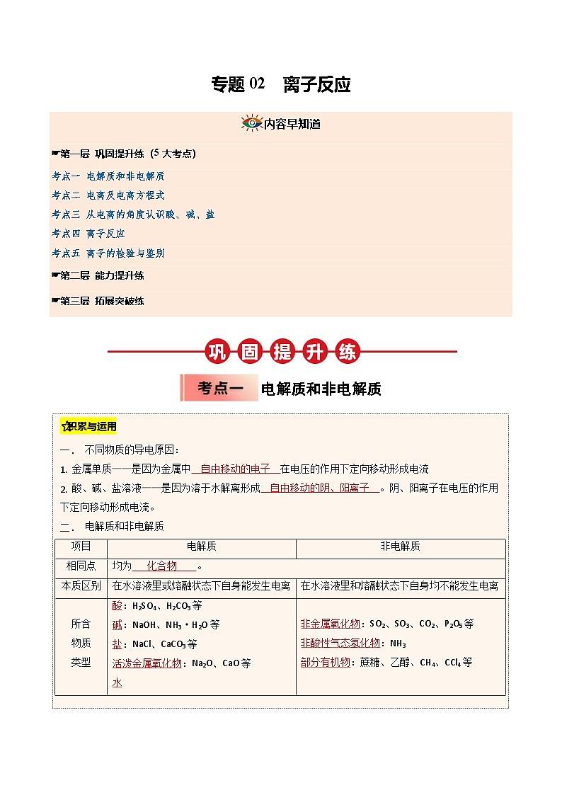 【暑假培优练】专题02 离子反应(教师版)-2025年新高一化学暑假衔接讲练 (人教版)第1页