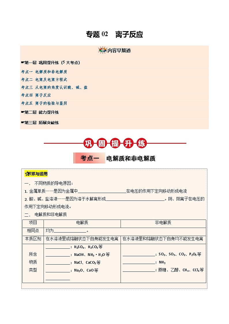 【暑假培优练】专题02 离子反应(学生版)-2025年新高一化学暑假衔接讲练 (人教版)第1页