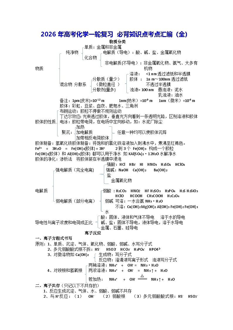 2026年高考化学一轮复习 必背知识点考点汇编(全) 学案第1页