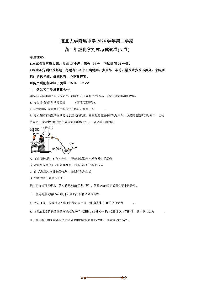 2024~2025学年海市复旦大学附属中学高一下上期末考试化学试卷(A卷)(含答案)第1页