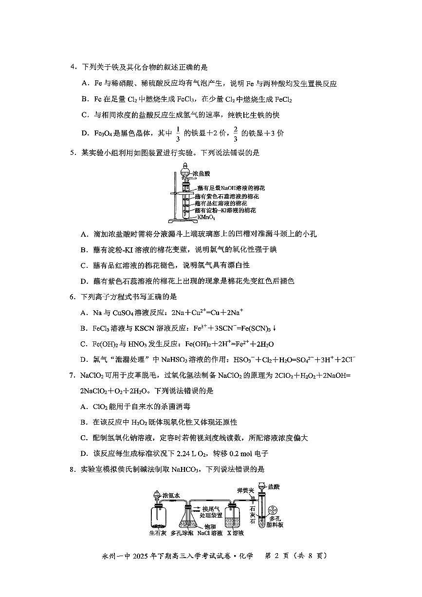 湖南省永州市第一中学2025-2026学年高三上学期开学化学试题及答案第2页