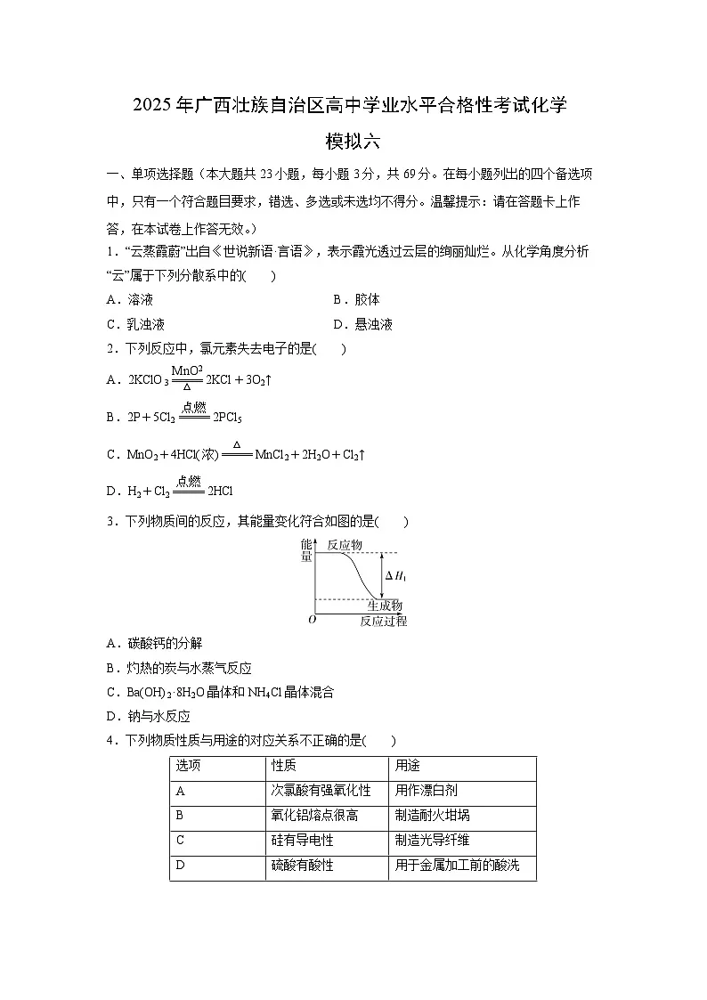 2025年广西壮族自治区高中学业水平合格性考试化学模拟六化学试题第1页