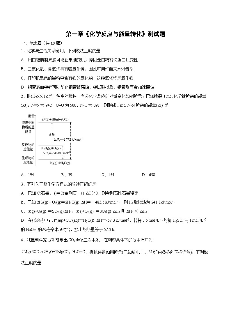 第一章《化学反应与能量转化》测试题 高中鲁科版(2019)化学选择性必修1第1页
