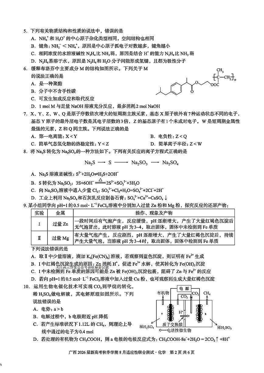 广西2026届新高考秋季学期8月适应性联合测试化学+答案第2页
