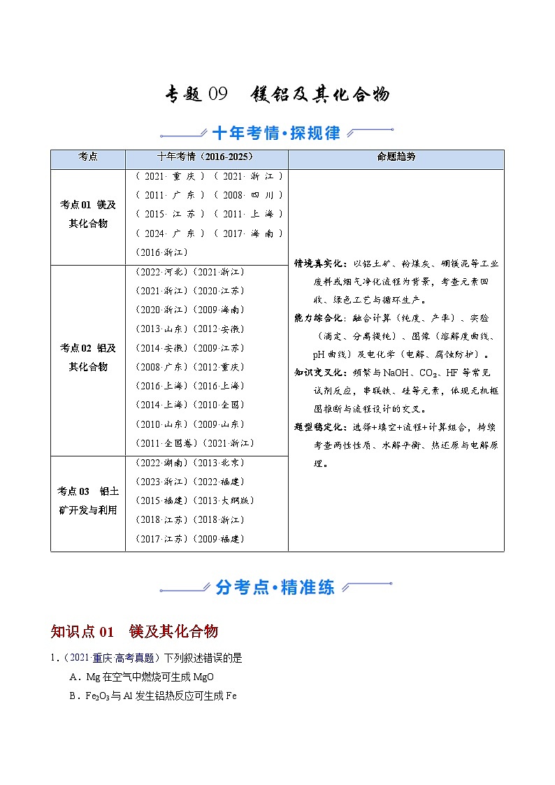 专题09 镁、铝及其化合物(原卷版)第1页