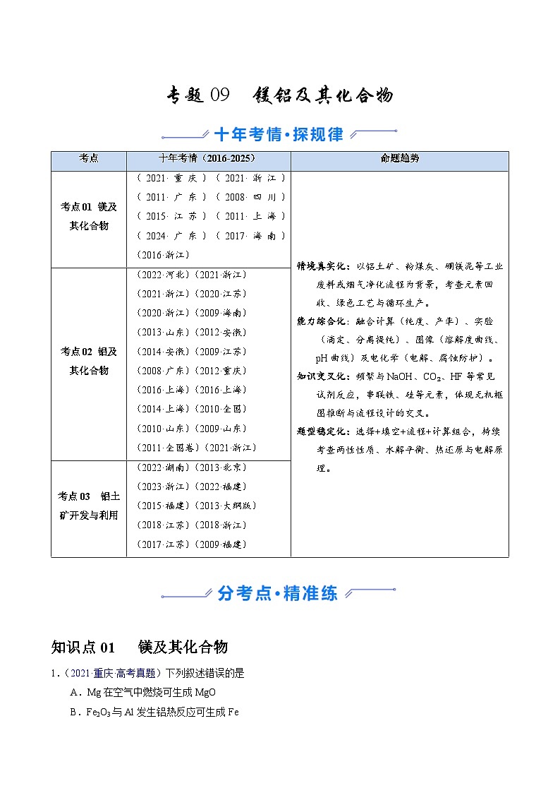 专题09 镁、铝及其化合物(解析版)第1页