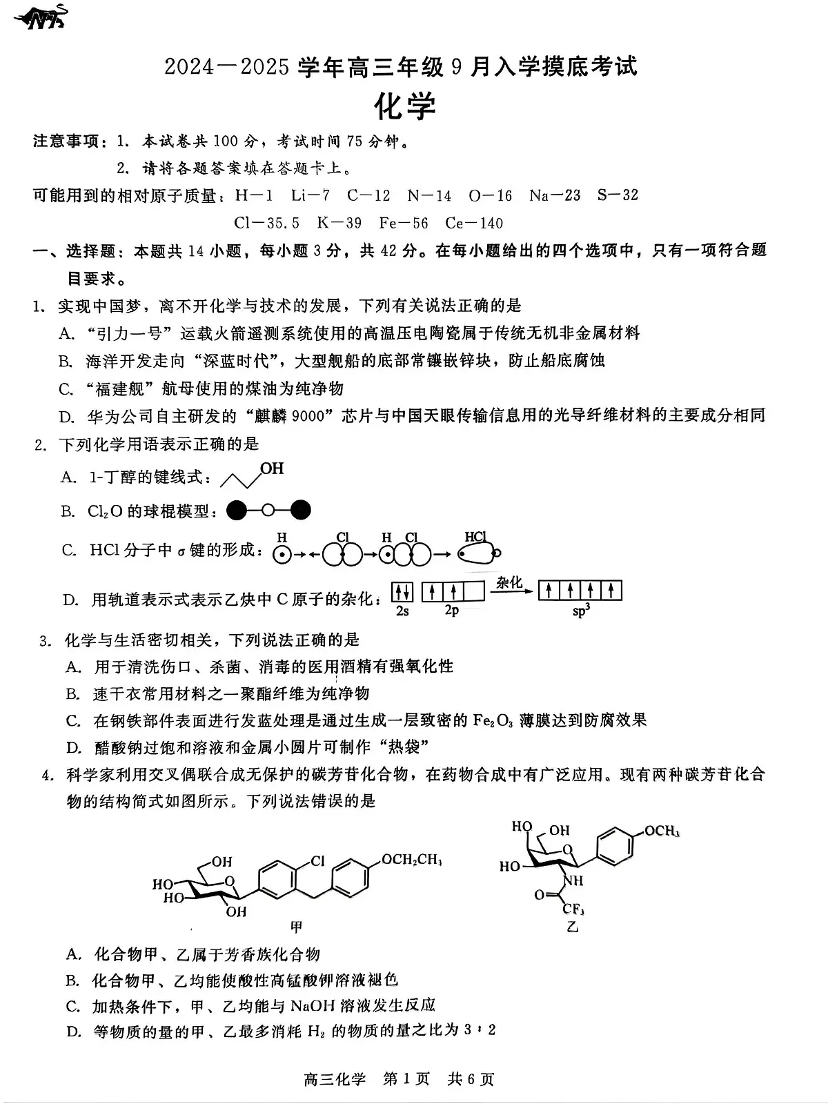 河北省新时代NT教育2024-2025学年高三上学期入学摸底测试 化学试卷第1页