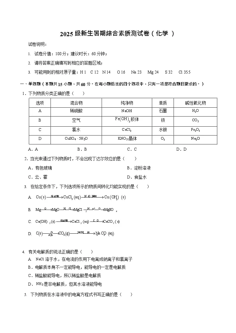 山西省临汾第一中学校2025-2026学年高一上学期开学测试化学试卷第1页