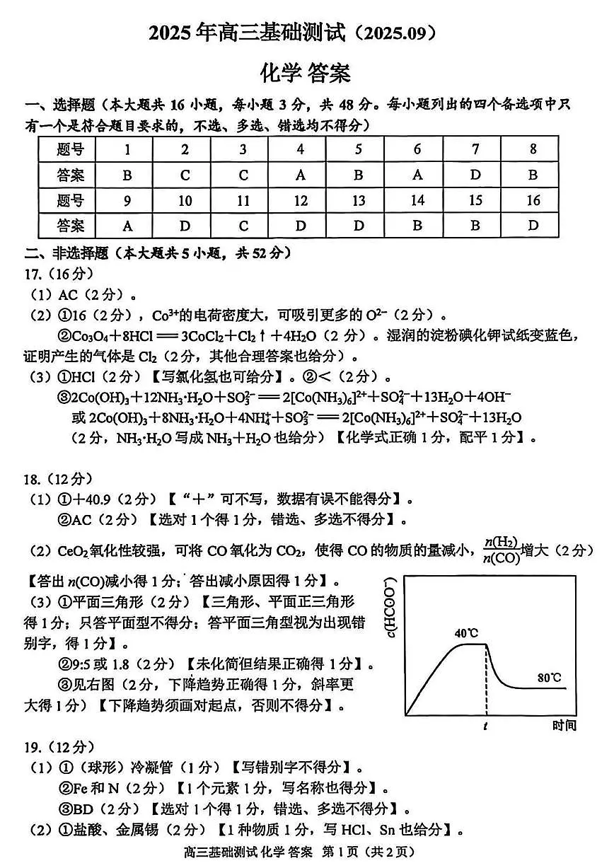 浙江省嘉兴市2025年9月高三基础测试+化学答案第1页