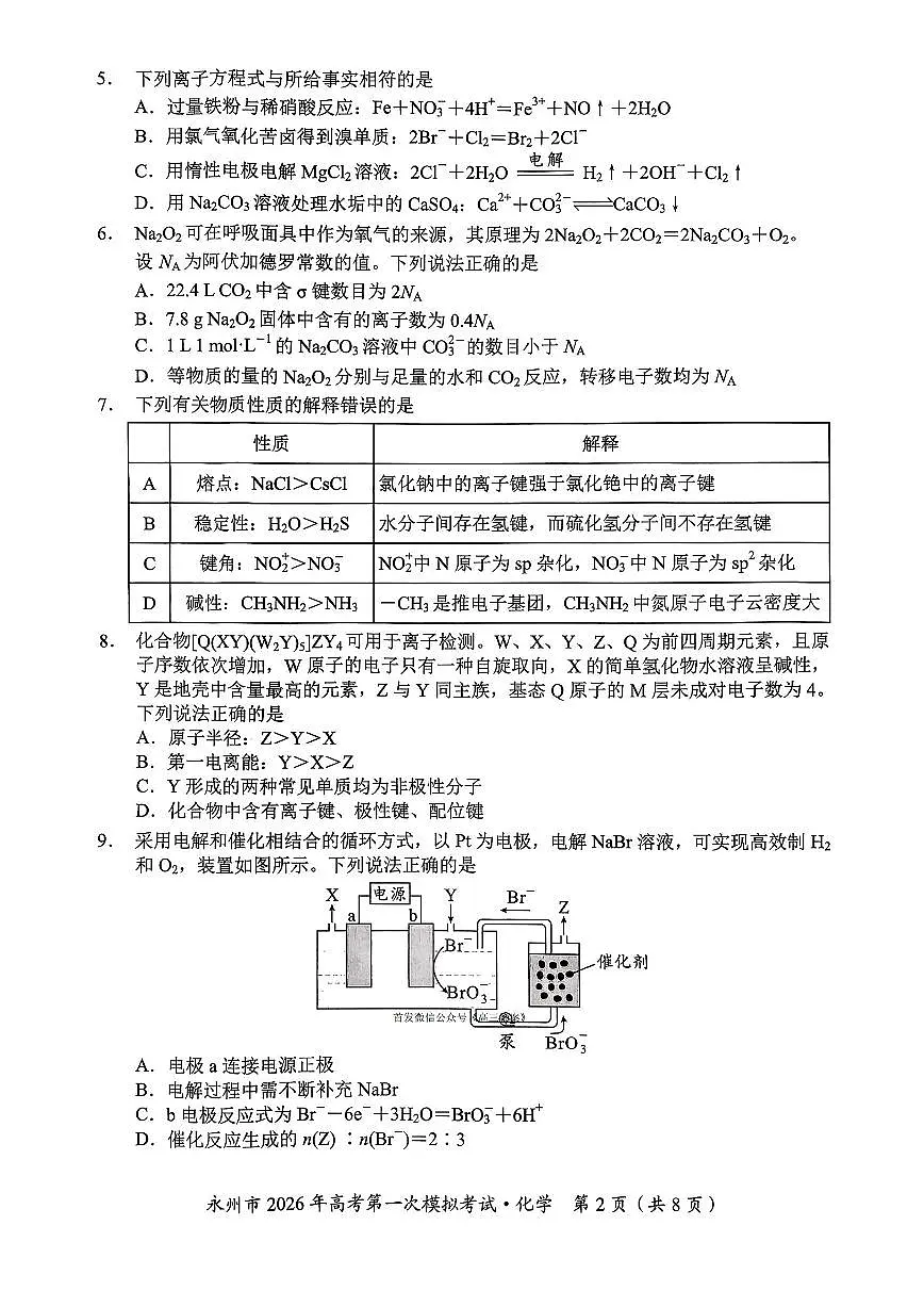 湖南省永州市2026届高三上学期9月第一次模拟考试化学试题及答案第2页
