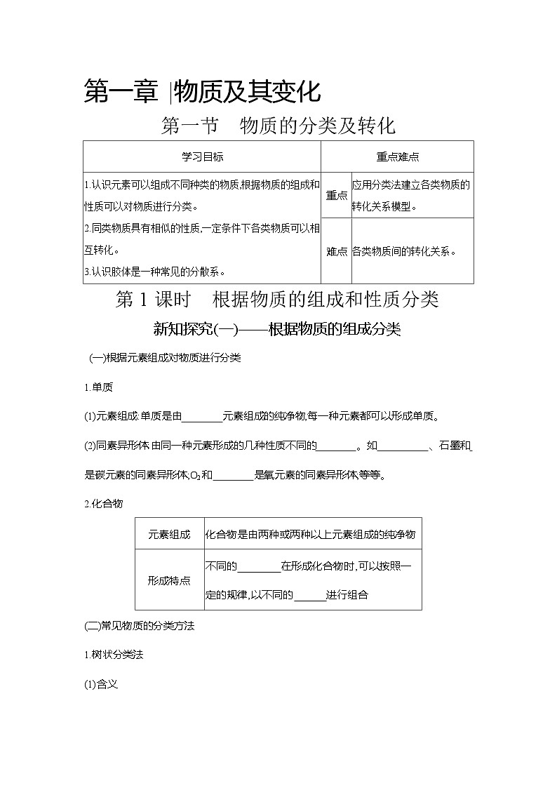 高一化学(人教版)必修一导学案第一章第一节第1课时根据物质的组成和性质分类(Word版附解析)第1页