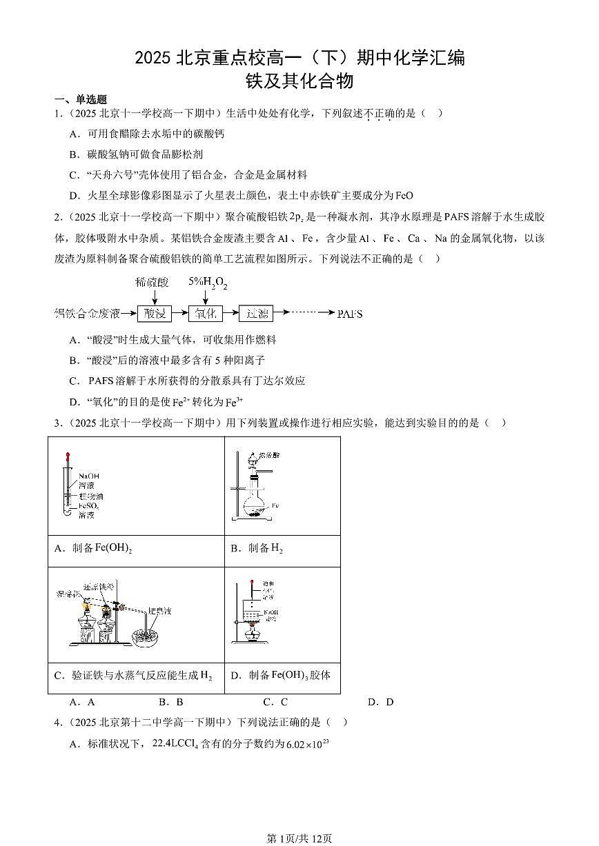 2025北京重点校高一(下)期中化学汇编:铁及其化合物第1页