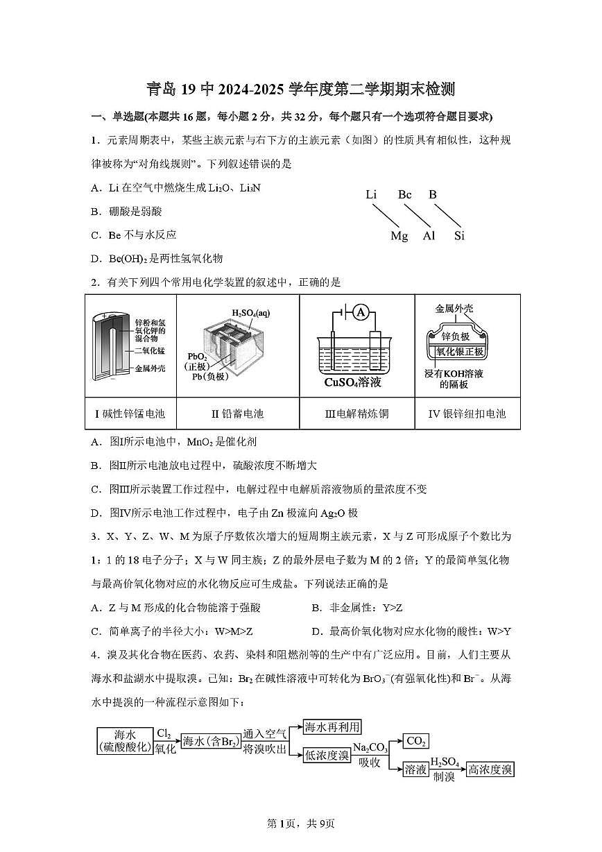 山东省青岛第十九中学2024-2025学年高一下学期期末检测 化学试题第1页