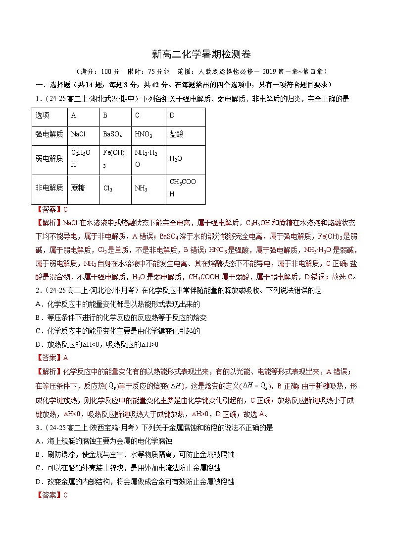 新高二化学暑期检测卷(教师版)-2025年新高二化学暑假衔接讲练 (人教版)第1页