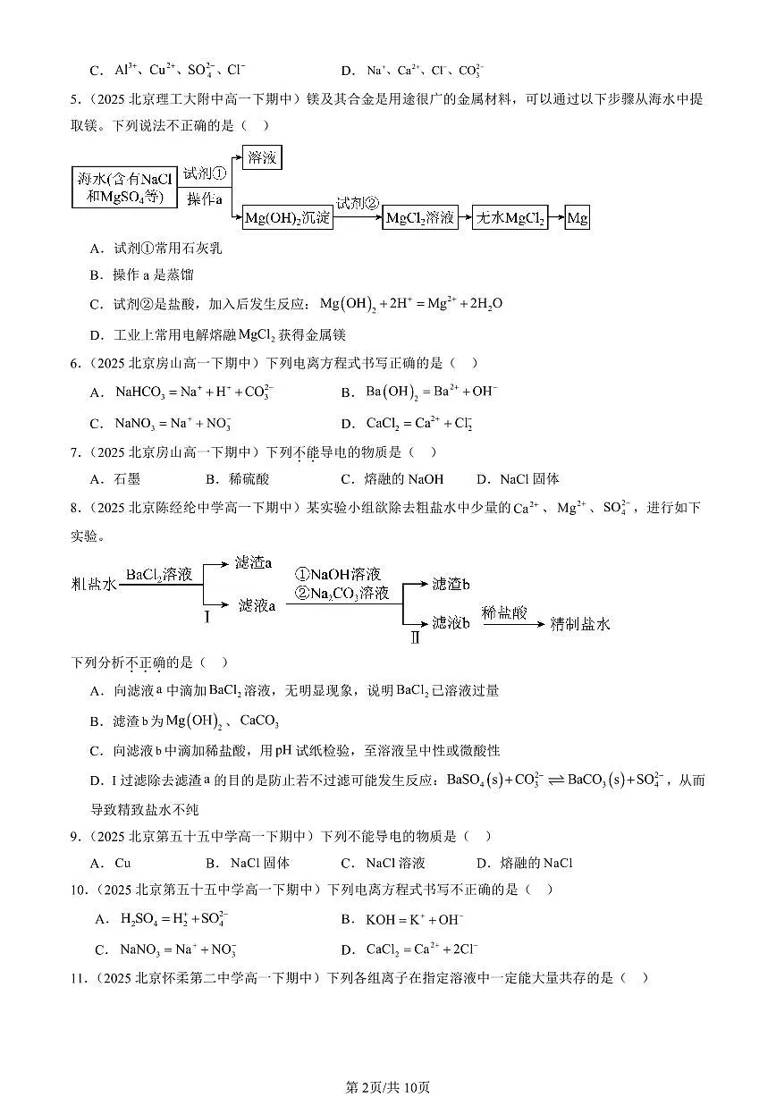 2025北京重点校高一(下)期中化学汇编:电解质的电离 离子反应(鲁科版)第2页