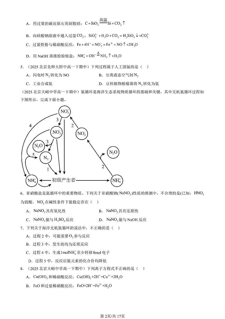 2025北京重点校高一(下)期中化学汇编:氮的循环(鲁科版)(选择题)1第2页