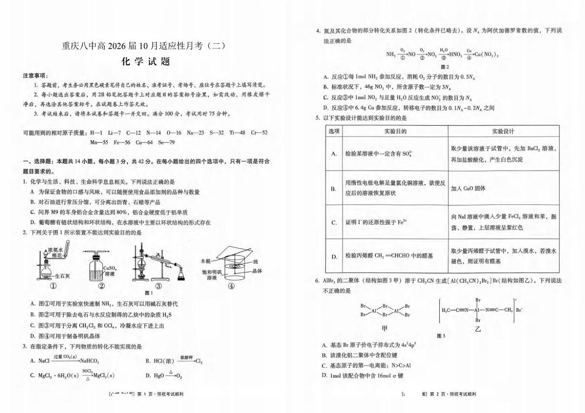 重庆八中2026届高三上学期10月月考化学试卷(含答案)第1页