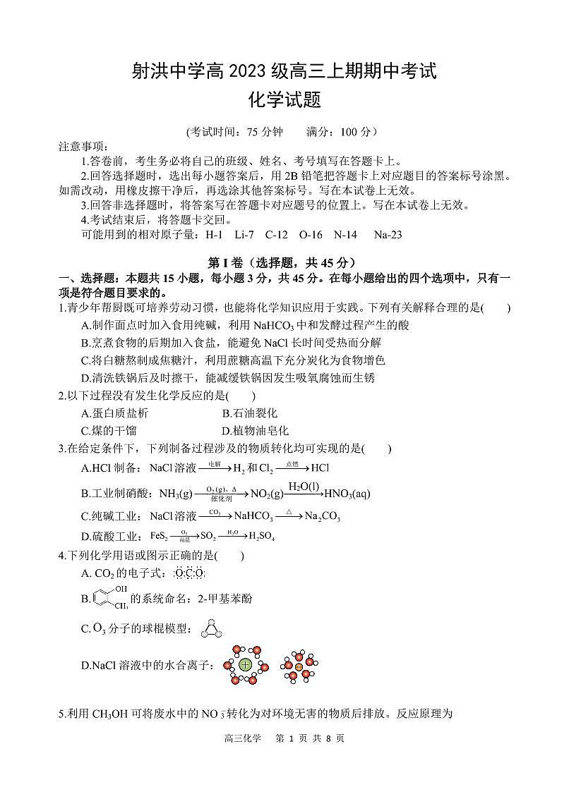 四川省遂宁市射洪中学2026届高三上学期10月期中考化学试题+答案第1页