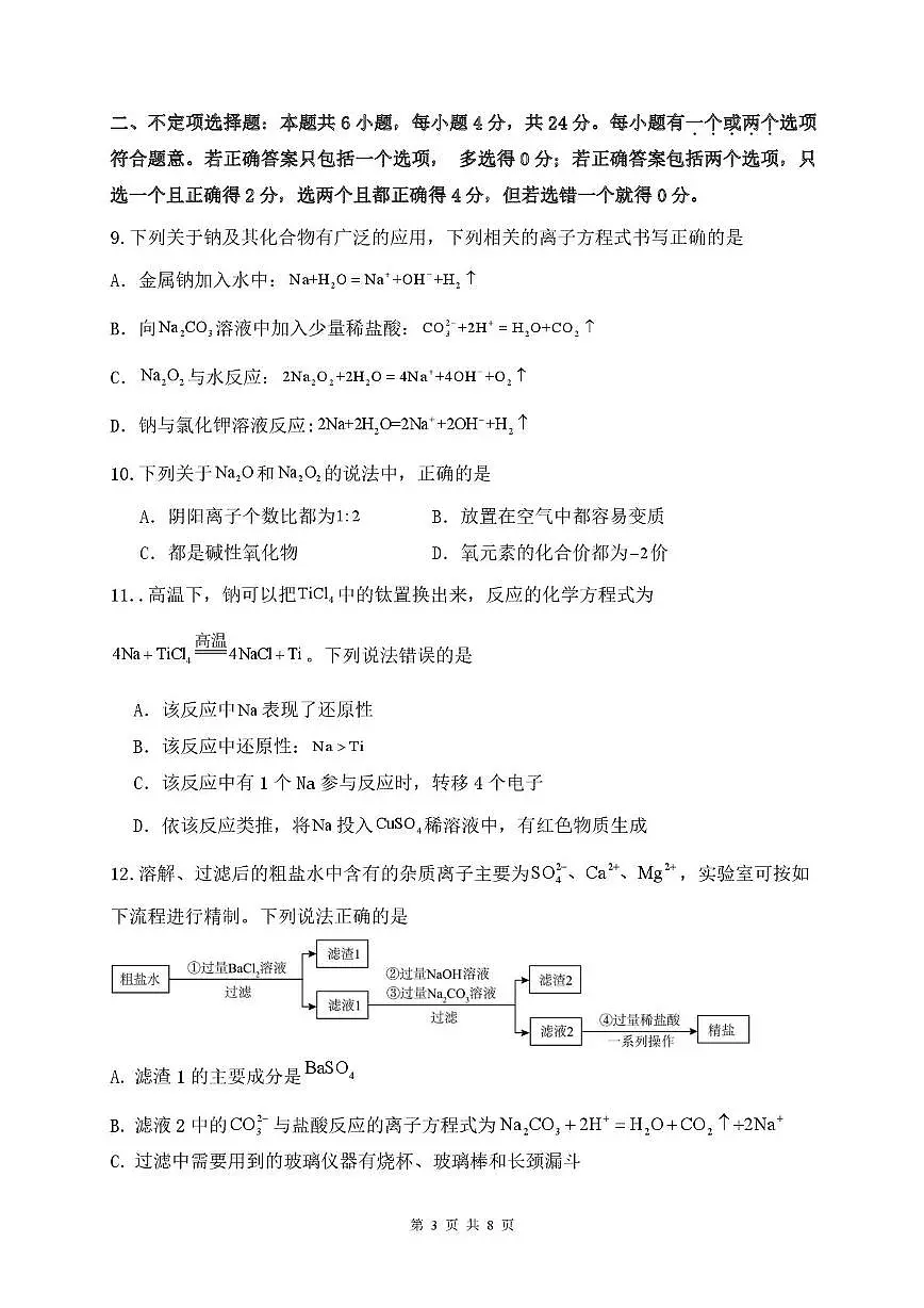海南省三亚市实验中学2025-2026学年高一上学期11月期中考试 化学试题第3页