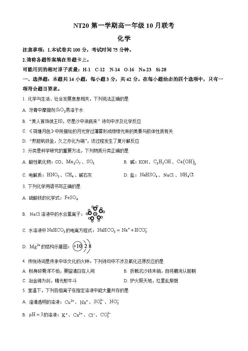 河北省NT20名校联合体2025-2026学年高一上学期10月联考化学试题(原卷版)第1页