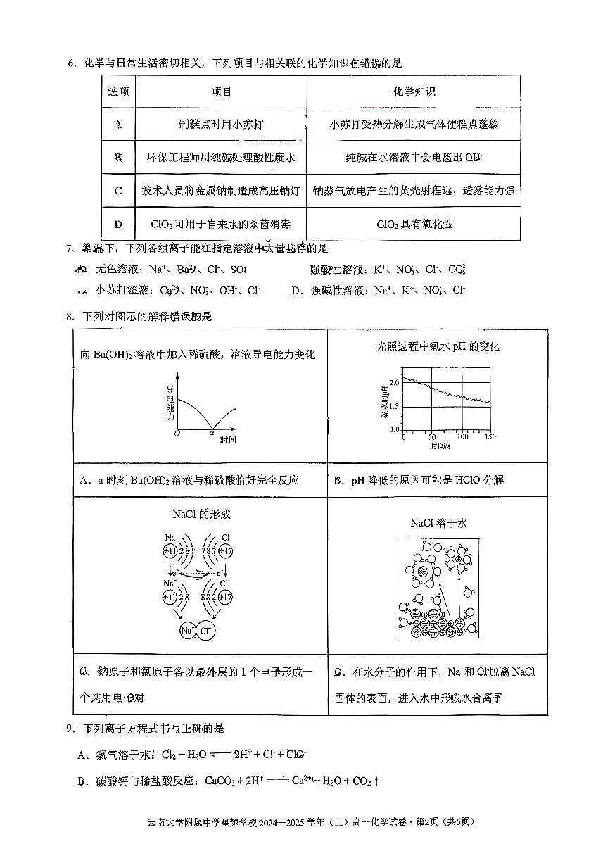 云南大学附属中学星耀学校2025-2026学年高一上学期与考化学试卷(月考)第2页