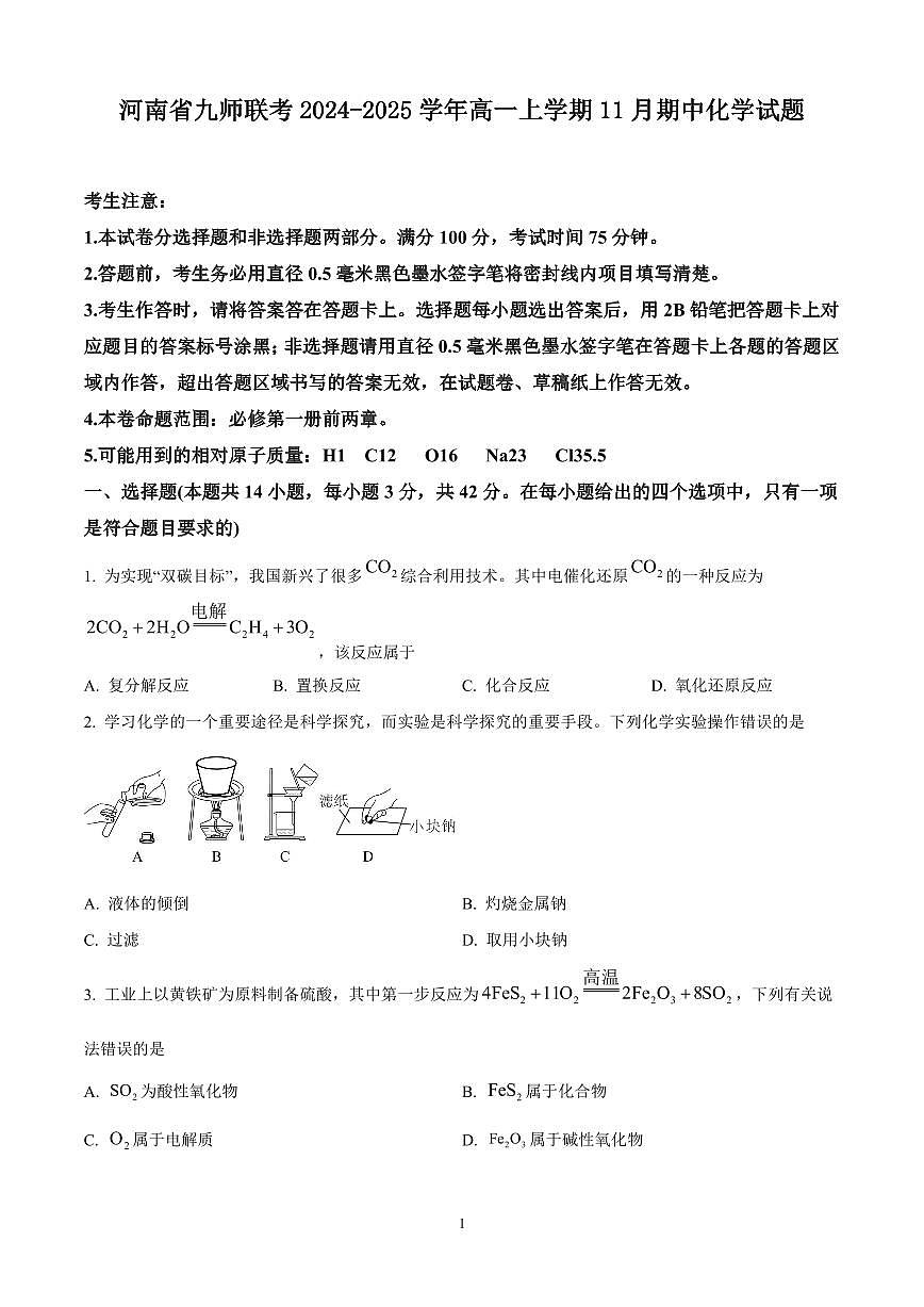 河南省九师联考2024-2025学年高一上学期11月期中化学试题含答案第1页