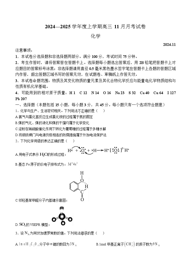 黑龙江省绥化市绥棱县第一中学2024-2025学年高三上学期11月月考化学试题(Word版附解析)第1页