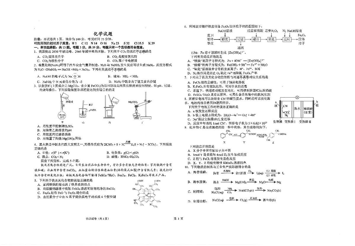 江苏省海安高级中学2024-2025学年高三上学期10月月考+化学试题第1页