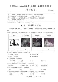 2025北京通州高一（上）期中化学（教师版）试卷