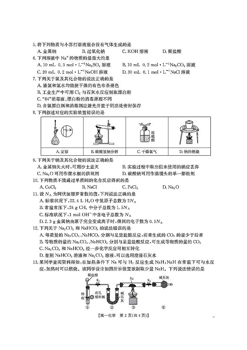 南阳地区2025年秋季高一年级10月阶段性(期中)考试卷 化学试卷(含答案)第2页