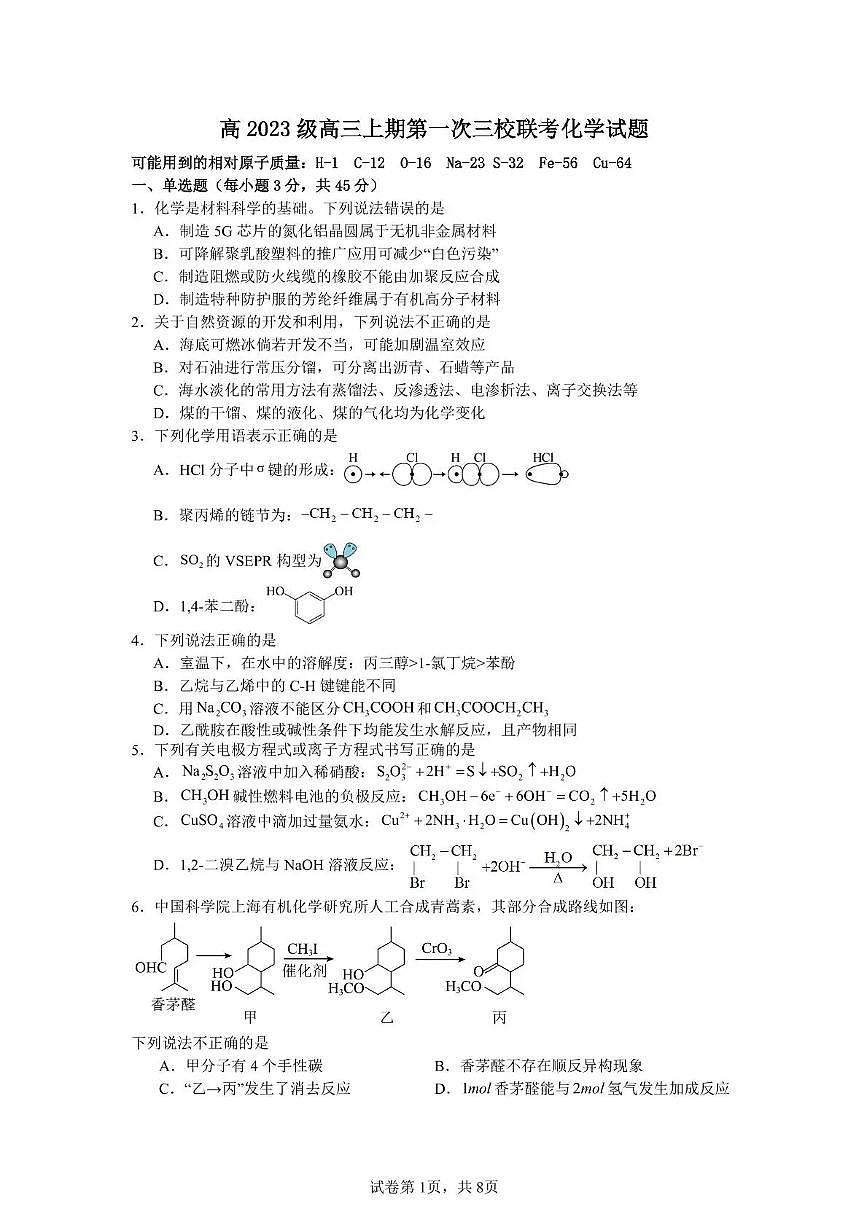 泸州市三校联盟2025年高三上期第一次联合考试化学第1页