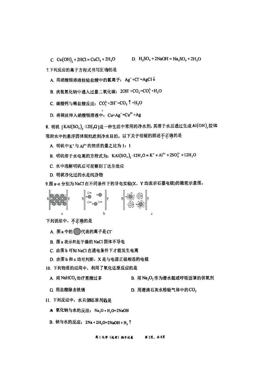 北京市育英中学2025~2026学年高一上期中化学试卷(无答案)第2页