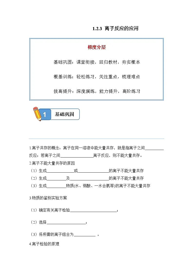 1.2.3 离子反应的应用——高一化学人教版(2019)必修一精品同步分层练第1页