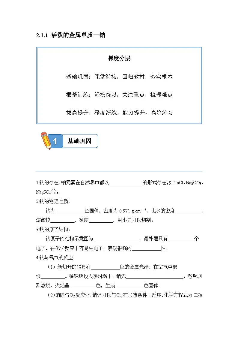 2.1.1 活泼的金属单质——钠——高一化学人教版(2019)必修一精品同步分层练第1页