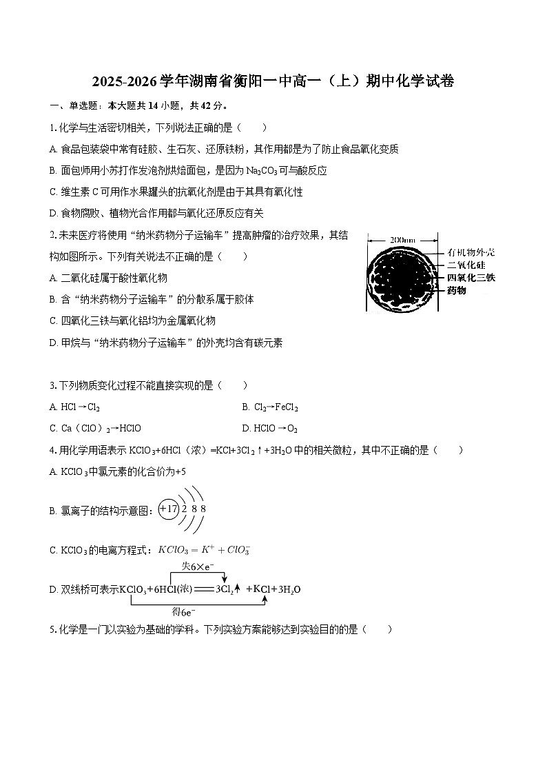 2025-2026学年湖南省衡阳一中高一(上)期中化学试卷-自定义类型第1页
