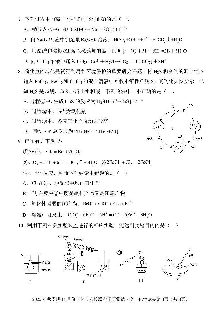 玉林八校联合2025年秋季期中高一化学第3页
