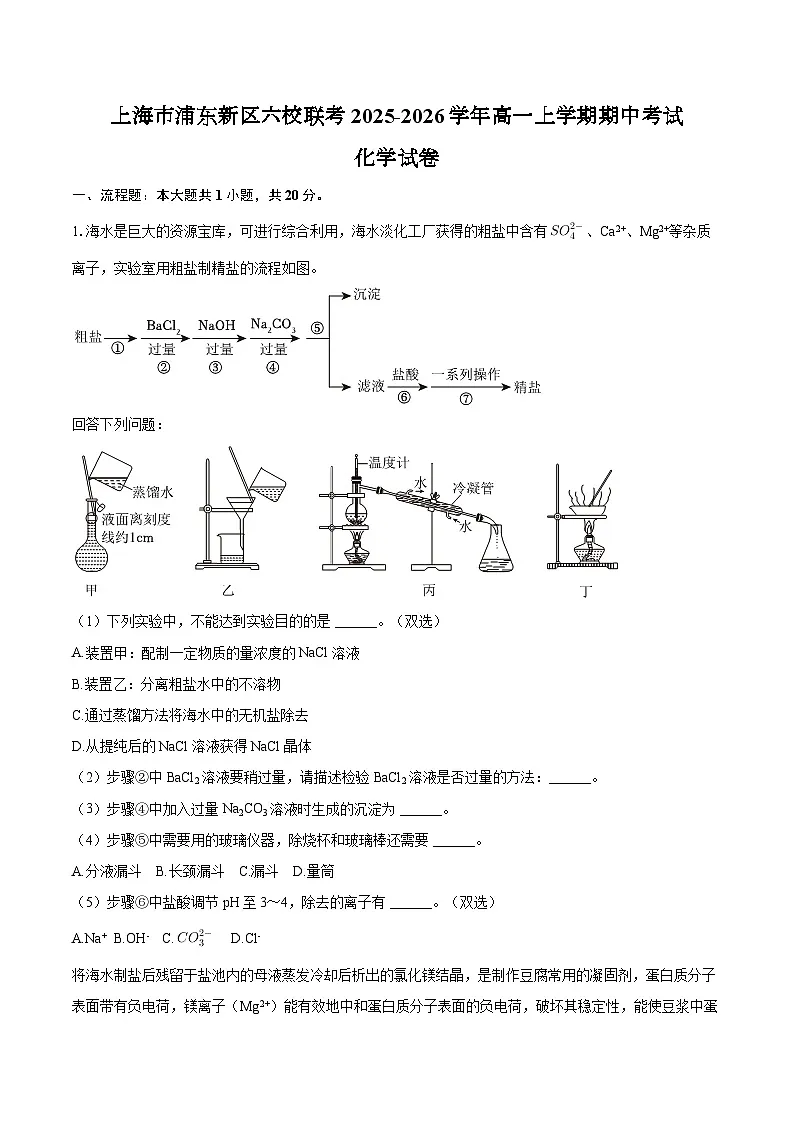 上海市浦东新区六校联考2025-2026学年高一上学期期中考试化学试卷(含答案)第1页