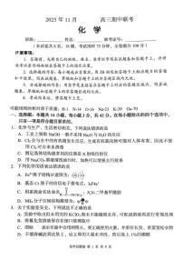 湖南省A佳联考2025-2026学年高三上学期11月期中化学试题
