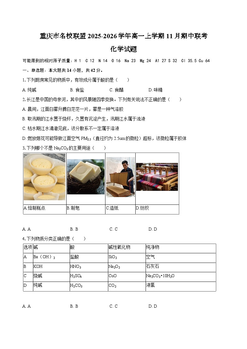 重庆市名校联盟2025-2026学年高一上学期11月期中联考 化学试题(含答案)第1页