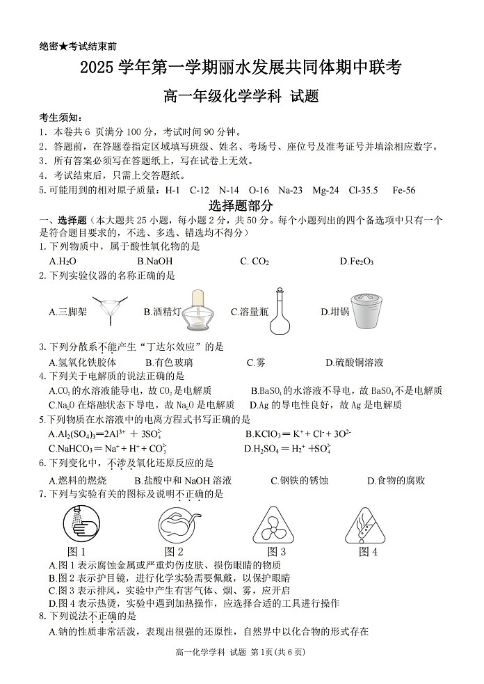 浙江省丽水发展共同体2025-2026学年高一上学期11月期中考试化学试卷第1页