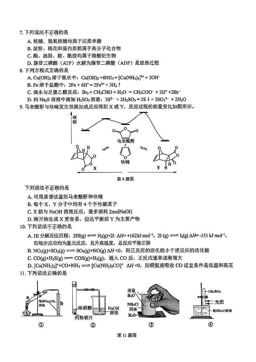 2025-2026学年第一学期浙江省精诚联盟适应性联考高三化学试卷(含答案)第2页