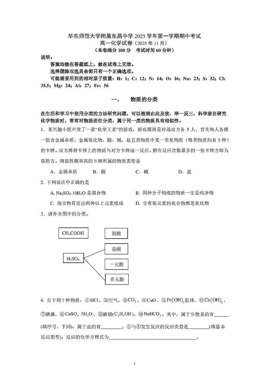 上海市华东师范大学附属东昌中学2025-2026学年高一上学期期中考试 化学试卷第1页