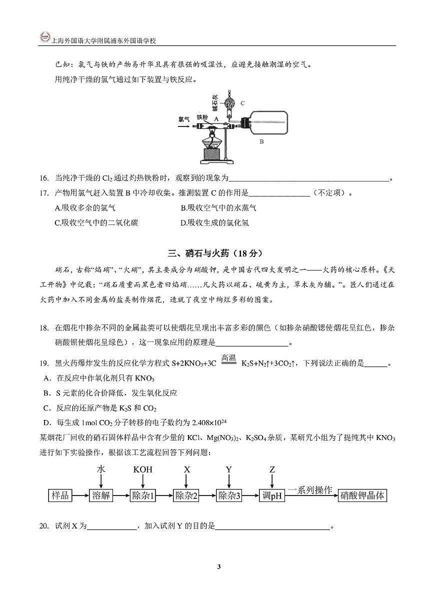 上海外国语大学附属浦东外国语学校2025-2026学年高一上学期期中考试 化学试卷第3页