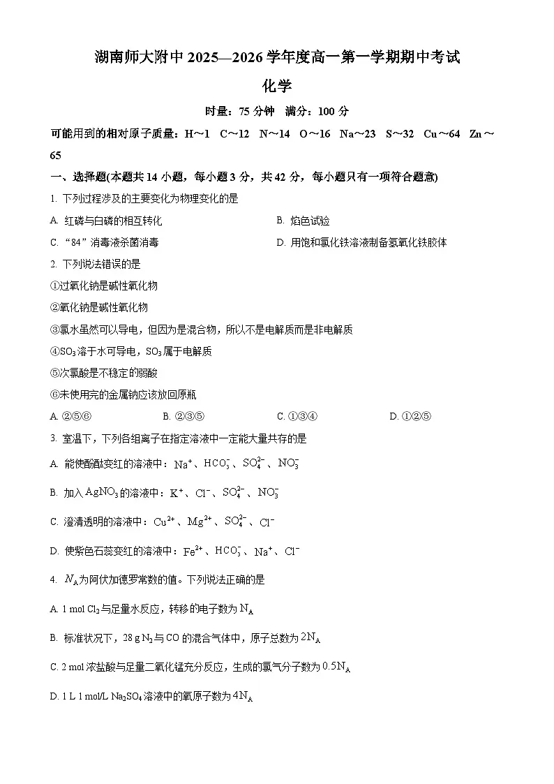 湖南师范大学附属中学2025-2026学年高一上学期期中考试化学试题(原卷版)第1页