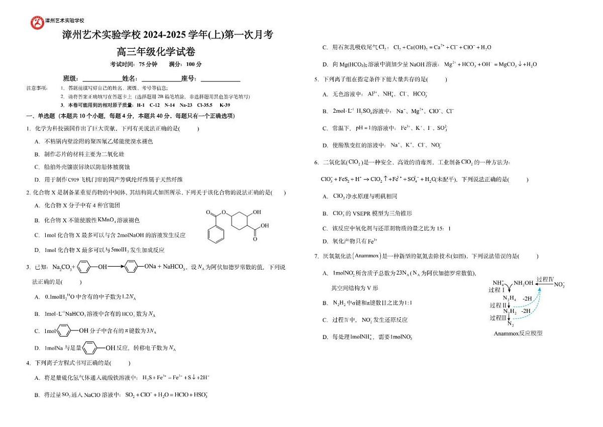 2024-2025学年福建省漳州艺术实验学校高三上学期第一次月考化学试卷(有解析)第1页
