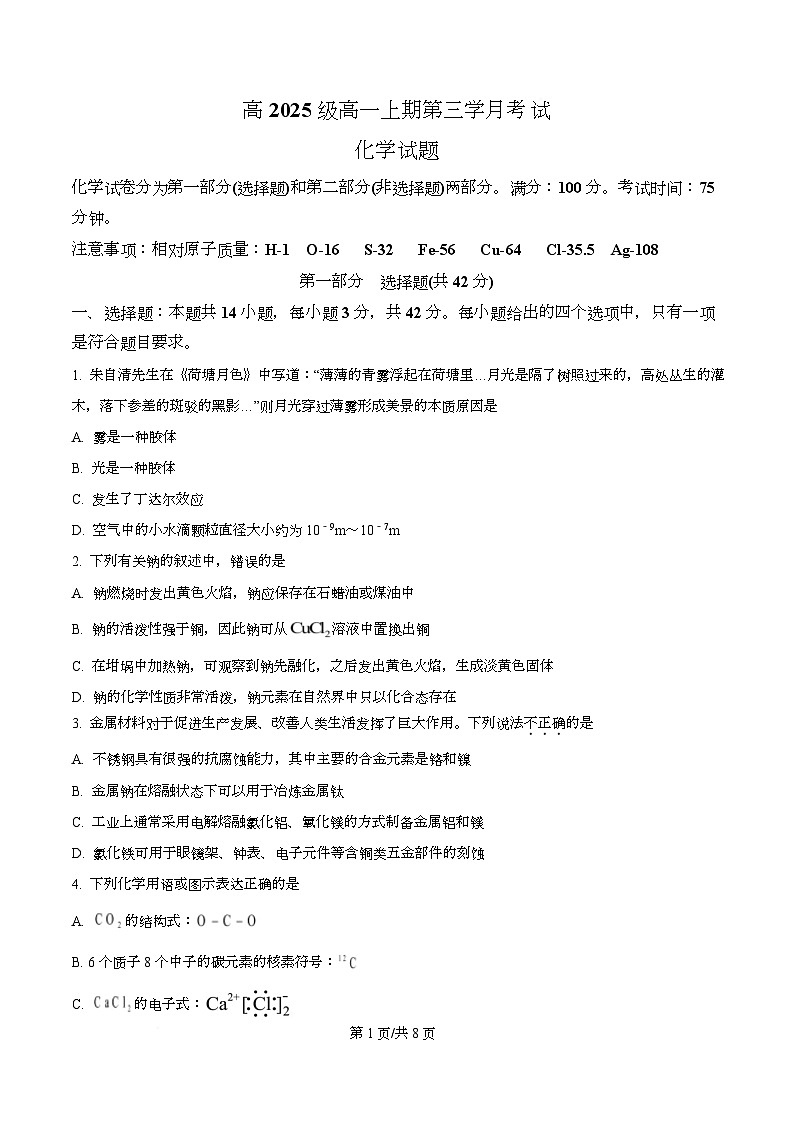 四川省泸州市泸县第五中学2025-2026学年高一上学期12月月考化学试题(原卷版)第1页