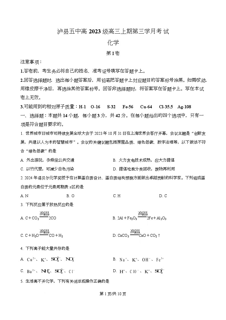 四川省泸州市泸县第五中学2026届高三上学期12月月考化学试题(原卷版)第1页